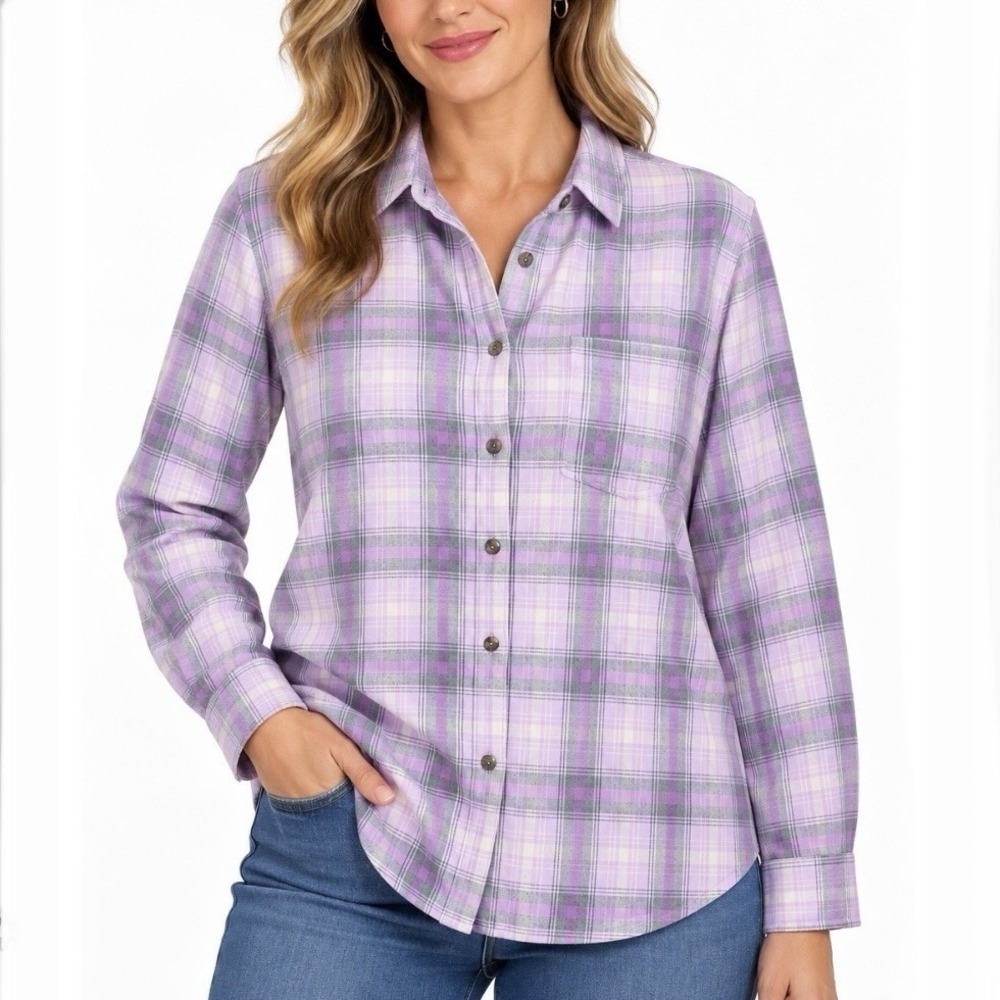 LL Bean Pink Gray Plaid Cotton Flannel Shirt Relaxed Fit Pocket Size MEDIUM